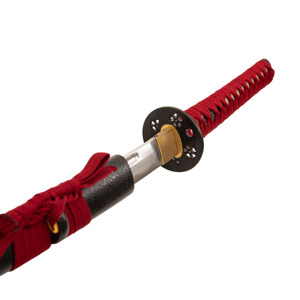 The SMAI Aluminium Red Display Katana - Solmure features a partially unsheathed blade, black handguard, and red cord-wrapped handle—ideal as a display sword against a white background.