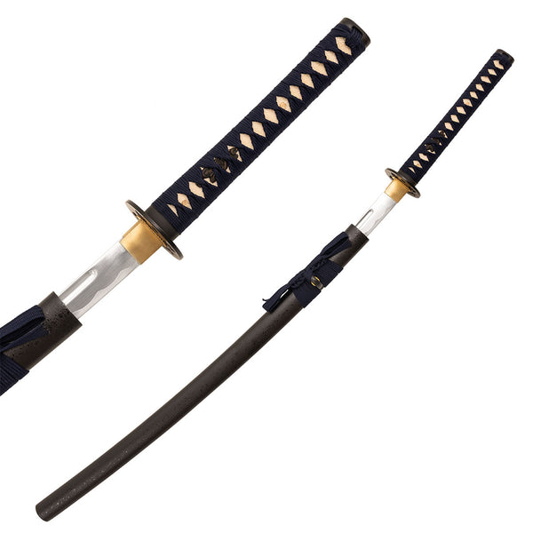 The SMAI Aluminium Blue Display Katana - Virelais features a navy and cream-wrapped handle, gold handguard, and polished blade partially drawn from a black scabbard—ideal for display or practice.