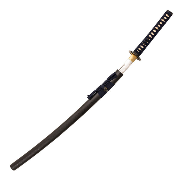 The SMAI Aluminium Blue Display Katana - Virelais features a black sheath, dark blue-wrapped handle, gold guard, and decorative accents—ideal as a display piece or for safe practice.