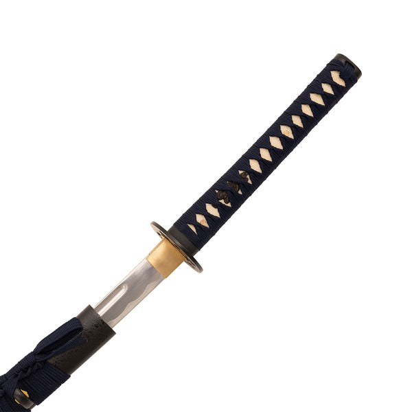 The SMAI Aluminium Blue Display Katana - Virelais features a polished steel blade, navy blue handle wrap, and gold guard, partially unsheathed against a white background—perfect for display.