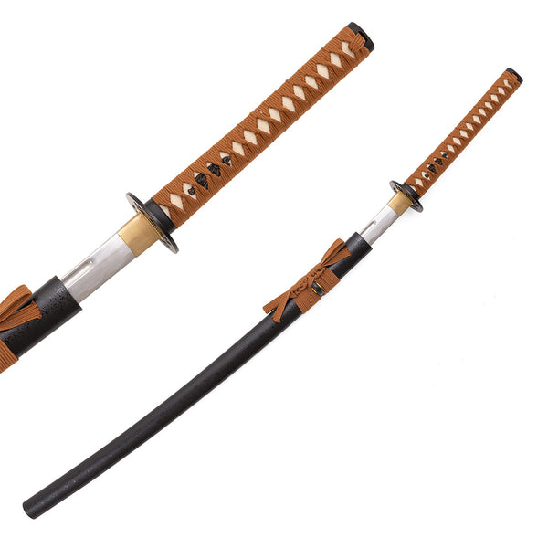 The SMAI Aluminium Brown Display Katana - Draelthorn features a full tang, diamond-patterned brown handle, black sheath, and a partially drawn, polished silver blade—ideal for traditional Japanese display.