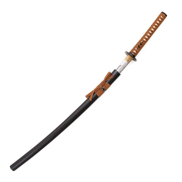 The SMAI Aluminium Brown Display Katana - Draelthorn features a full tang design, black scabbard with a tied cord, and decorative elements near the guard. Its brown woven handle and partially drawn blade highlight this classic display sword.