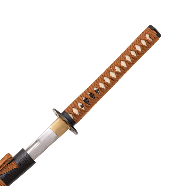 Close-up of the SMAI Aluminium Brown Display Katana - Draelthorn handle, featuring brown and white cord in a diamond pattern, metal guard, and a partially exposed shiny steel blade.