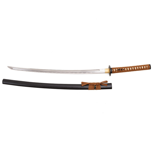 The SMAI Aluminium Brown Display Katana - Draelthorn features a curved, silver-toned blade, a full tang design, a brown wrapped handle, and is shown above its black scabbard tied with a decorative brown cord.
