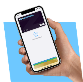 A hand holds a smartphone displaying a digital wallet app with a Visa Zip Business card. The screen shows a prompt to "Hold Near Reader." The background is a light blue color.