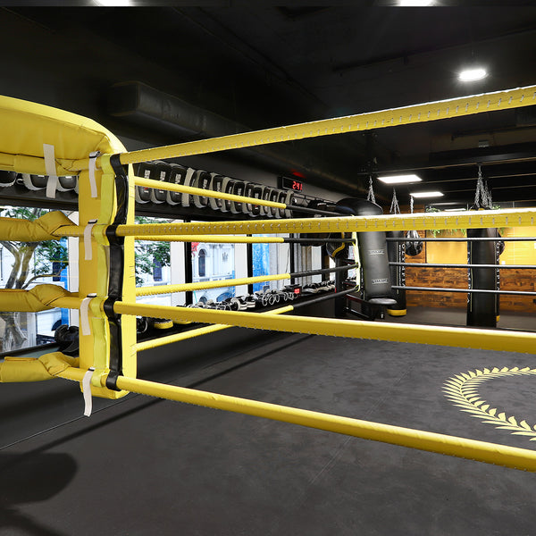 The 5m Boxing Ring - Competition by SMAI features bright yellow ropes, a high gauge steel frame, a black mat with a laurel design at the center, and is encircled by punching bags and windows in the gym's free-standing, well-lit space.