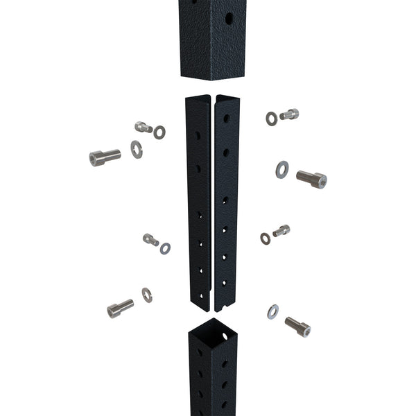 Exploded view of the X-Frame - Upright Extension - 3ft, a black metal bracket system with multiple holes, scattered bolts, washers, and nuts. The central piece resembles an upright extension post split into two sections for assembly, ideal for supporting gym rings or climbing ropes.