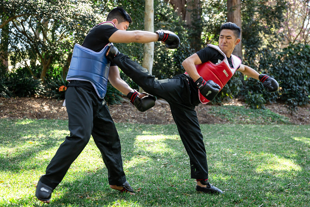 Two martial artists spar outdoors on grass, each wearing padded vests and gloves. One delivers a high side kick to the other's torso as the opponent blocks with a raised arm. Trees and greenery are visible in the background.