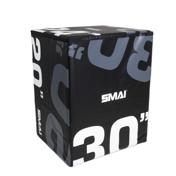 A black padded plyometric box with the brand name "SMAI" and large numbers "30" and "20" printed in white and gray on its sides, indicating height measurements in inches.