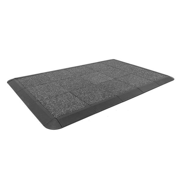 The Weight Lifting Platform - Acoustic Rubber White Fleck 50mm by No Sync To Channel Engine is a gray, textured rubber mat with beveled edges, featuring a speckled surface. It's designed for anti-slip and impact protection on weight lifting platforms against a white background.