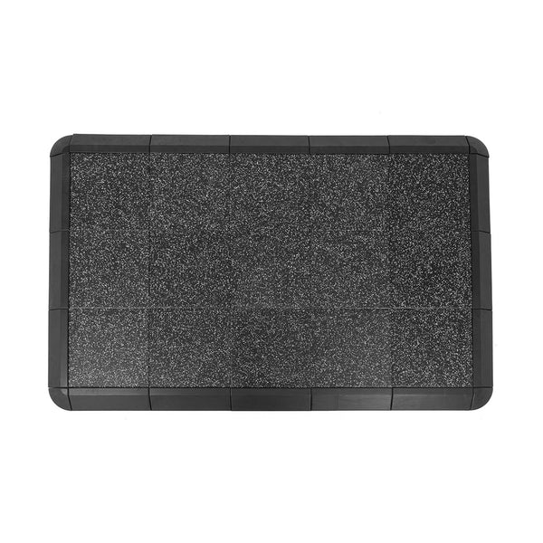 The Weight Lifting Platform by No Sync To Channel Engine is a rectangular 50mm acoustic rubber mat with a speckled black and white flecked design. Its textured surface and beveled edges offer impact protection and comfort for standing, making it an ideal anti-fatigue solution.