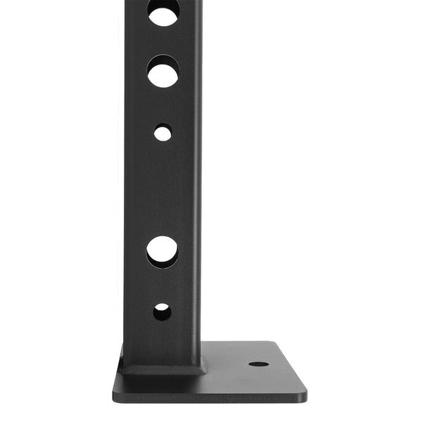 A sleek black X-Frame - Upright from No Sync To Channel Engine features a vertical metal beam with evenly spaced circular holes, standing on a flat, square base, reminiscent of a modular or industrial framework.