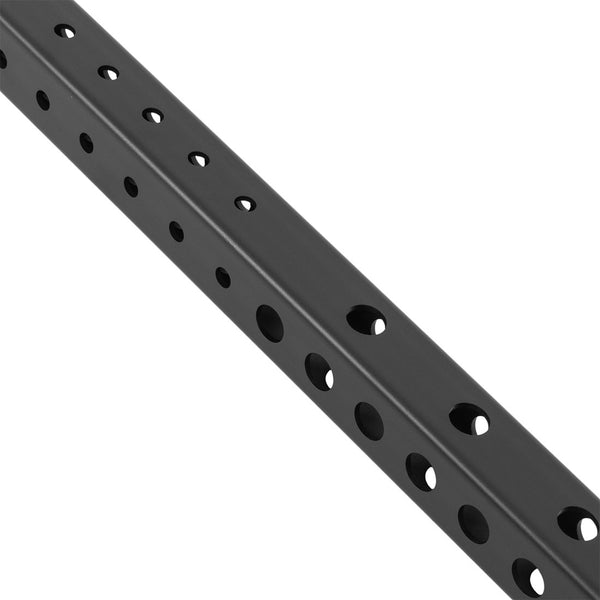 Diagonal close-up view of the X-Frame - Upright from No Sync To Channel Engine, featuring a black metallic rectangular bar with evenly spaced circular holes along its sides, set against a white background.