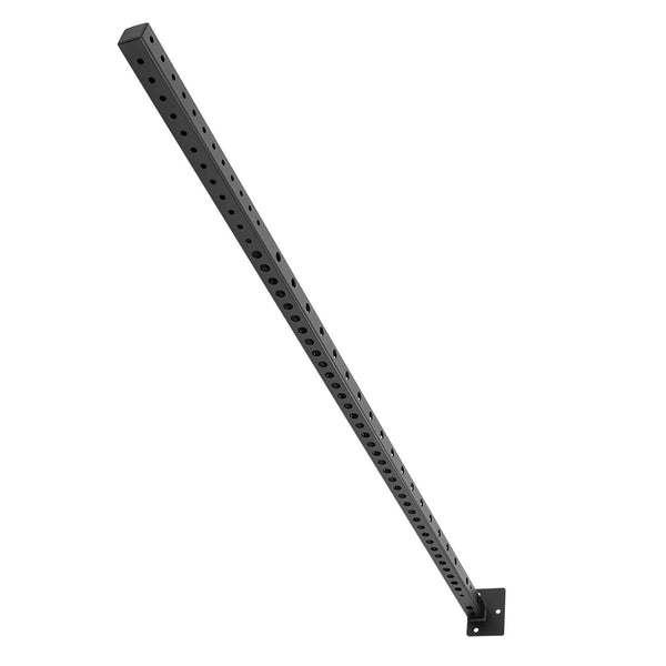 Introducing the X-Frame - Upright by No Sync To Channel Engine: a black, metal, L-shaped cantilever support arm featuring a series of evenly spaced circular holes specifically designed for mounting or structural support. This rig stands upright against a white background.