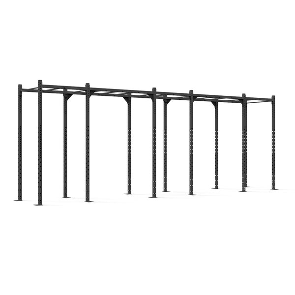 The "Rig - 6 Squat Cells with Monkey - X-Frame" from No Sync To Channel Engine is a long, black steel gym rig boasting a modular design with multiple vertical support bars and an interconnected overhead structure. It is perfect for various fitness exercises and strength training activities, making it an ideal piece of commercial equipment for any training facility.