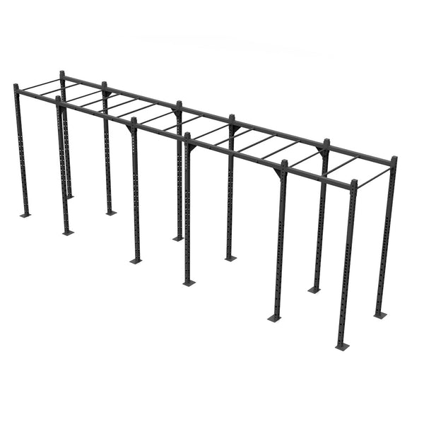 Introducing the Rig - 6 Squat Cells with Monkey - X-Frame by No Sync To Channel Engine, a sleek black outdoor structure crafted from durable steel tubing. It features multiple parallel bars and vertical supports in a modular design, making it perfect for both exercise and playground activities.