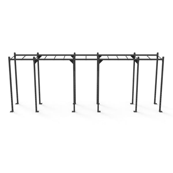 The Rig - 6 Squat Cells with Monkey - X-Frame by No Sync To Channel Engine is a black, modular pull-up rig made from steel tubing. It features vertical posts connected by horizontal bars, making it perfect for exercises like pull-ups and muscle-ups. This commercial-grade equipment is ideal for gym or outdoor fitness setups.