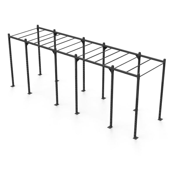 The Rig - 6 Squat Cells with Monkey - X-Frame by No Sync To Channel Engine is a black metal pull-up rig featuring a modular design with multiple horizontal bars supported by vertical poles, designed for calisthenics or gymnastic exercises, standing on a white background.