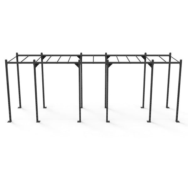 The "Rig - 6 Squat Cells with Monkey - X-Frame" by No Sync To Channel Engine is a rectangular jungle gym structure made of sturdy steel tubing, designed with multiple horizontal bars for climbing or hanging exercises, and is displayed on a white background.