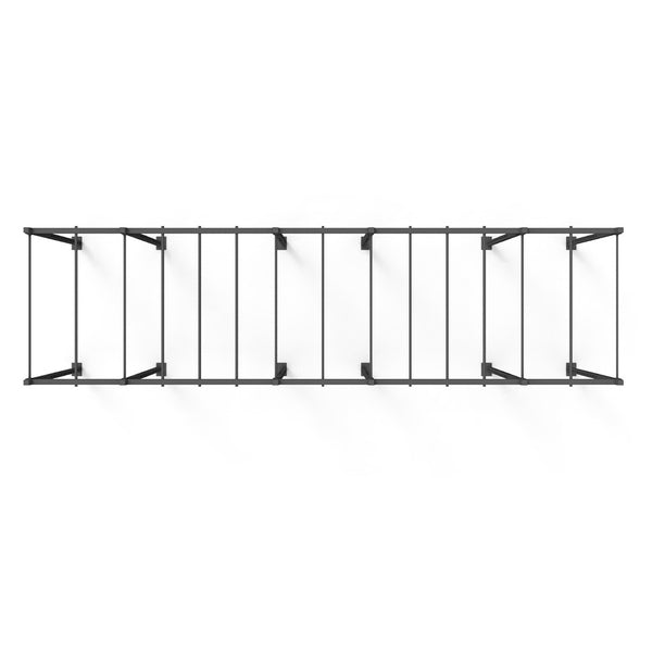 A top view of the Rig - 6 Squat Cells with Monkey - X-Frame by No Sync To Channel Engine, featuring a black metal modular structure with multiple holders in a grid pattern against a white background, highlighting its versatile design that is often favored in commercial equipment settings.
