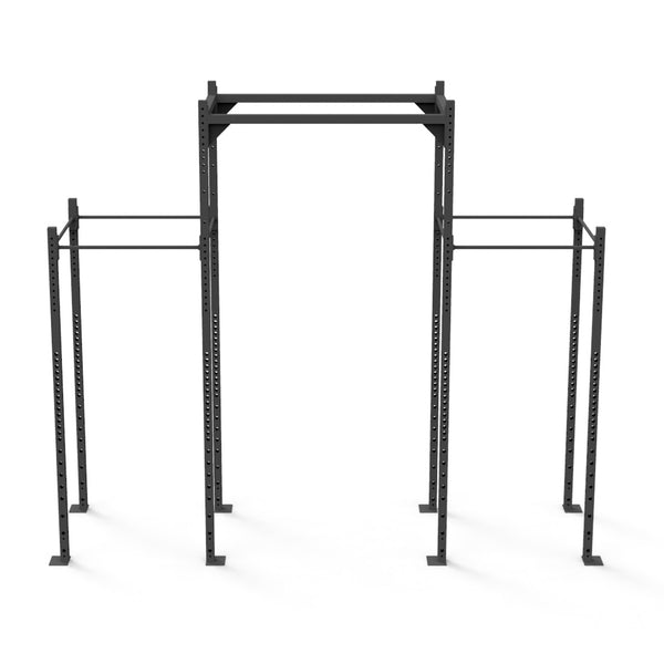 Introducing the Rig - 4 Squat Cells with Utility Bridge - X-Frame by No Sync To Channel Engine: a modular black metal pull-up bar setup, featuring three sections. The central section boasts a taller frame made from robust steel tubing and includes a horizontal bar at the top, flanked by shorter sections equipped with parallel bars. This versatile structure is ideal for fitness and exercise enthusiasts.