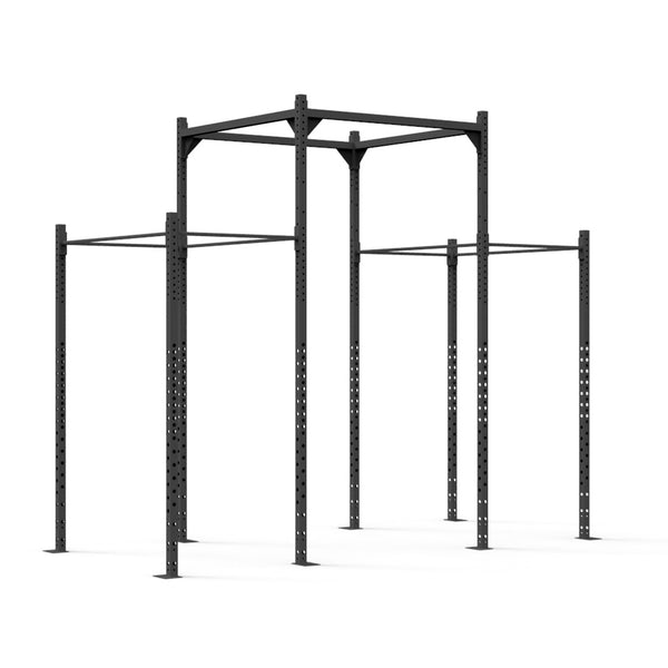 The Rig - 4 Squat Cells with Utility Bridge - X-Frame, designed by No Sync To Channel Engine, is a black multi-station pull-up rig constructed from powder coat steel tubing. It features numerous interconnected bars and stands against a white background. This modular design includes adjustable holes, making it perfect for various fitness exercises.