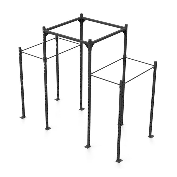 The Rig - 4 Squat Cells with Utility Bridge - X-Frame from No Sync To Channel Engine is a black metal pull-up rig constructed from powder-coated steel tubing and features a modular design for versatility. This freestanding structure provides multiple bars and adjustable height levels, making it ideal for strength training exercises such as pull-ups, muscle-ups, and hanging leg raises.