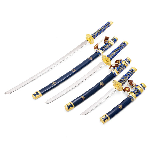 The SMAI Samurai 3pc Sword & Stand - Blue set features three Japanese swords with blue handles and scabbards, arranged from large to small—an impressive decorative display perfect for collectors.