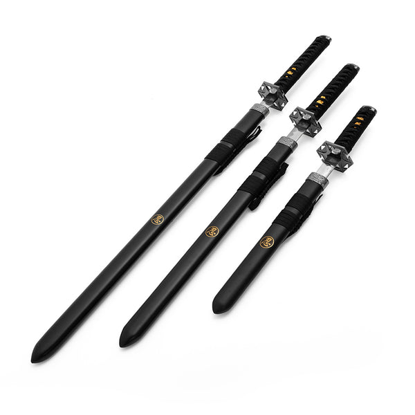 The SMAI Ninja 3pc Sword & Stand set features three black Japanese swords in matching sheaths with gold emblems, each katana showcasing a black handle with gold accents, ornate silver guards, and an included display stand.