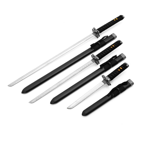 The SMAI Ninja 3pc Sword & Stand set features three swords with black handles and matching sheaths, displayed side by side on a white background—an impressive collectible for enthusiasts.