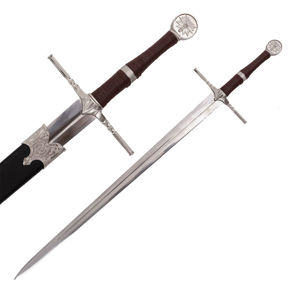 The SMAI Medieval Sword - Witch Hunter Deluxe features a silver crossguard and pommel with a sun-like symbol, brown wrapped handle, and long double-edged blade. Shown both sheathed and unsheathed—ideal for cosplay.
