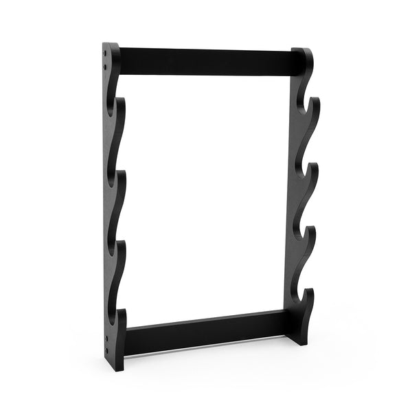 The SMAI 4 Sword Display Wall Mounted is a black wooden rack with wavy slots on each side, designed to hold up to four swords. It is shown against a plain white background.