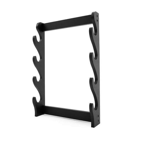 The SMAI 4 Sword Display Wall Mounted is a black, rectangular wooden rack with WAVY slots on each side, designed to hold up to four swords. It resembles a vertical guitar stand and is shown against a white background.