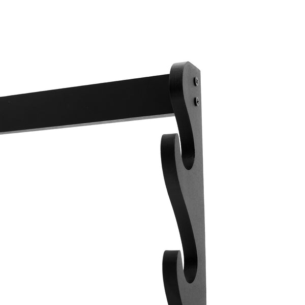Close-up of the SMAI 4 Sword Display Wall Mounted stand in black with a modern, minimalistic design. Features curved hooks for swords and sturdy top screws, ideal for organizing or displaying up to four swords on your wall.