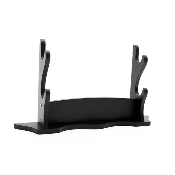 The SMAI Double Sword Display Stand features a sleek black wall-mounted design with two upright supports and curved notches to securely hold swords or collectibles against a plain white background.