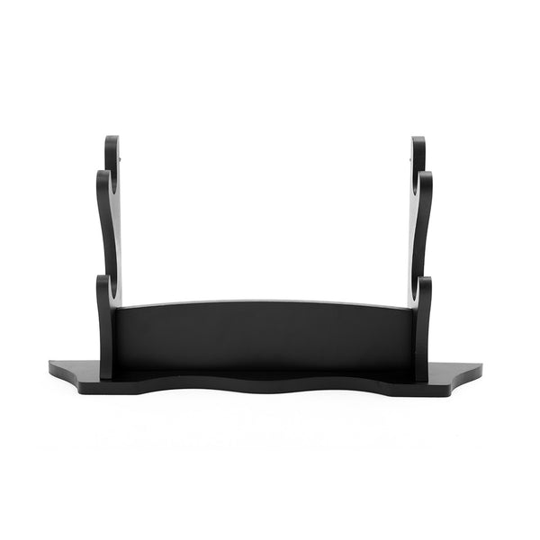 The SMAI Double Sword Display Stand features a black finish, curved side supports, and a flat base for holding swords or decorative items, shown against a white background.