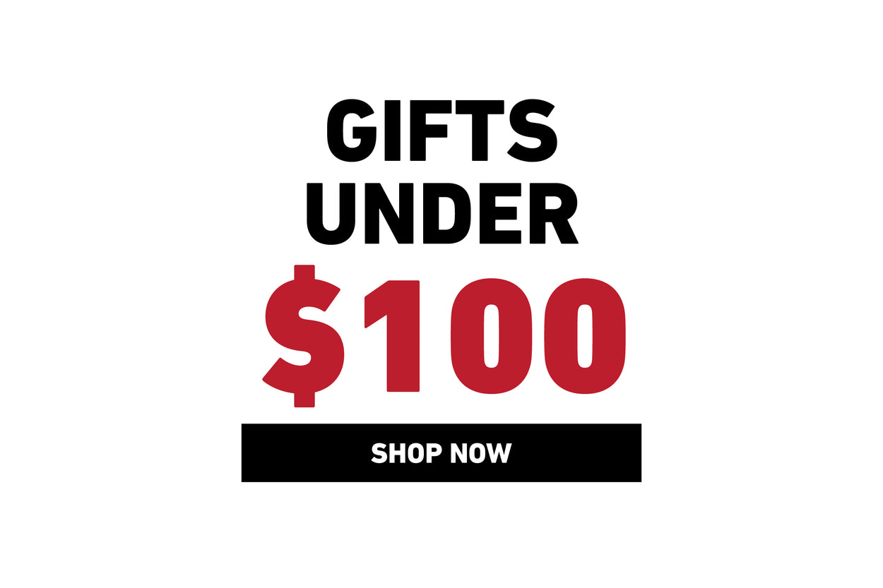 Bold text on a white background reads "Gifts Under $100" in black and red. Below, a black box with white text says "Shop Now.