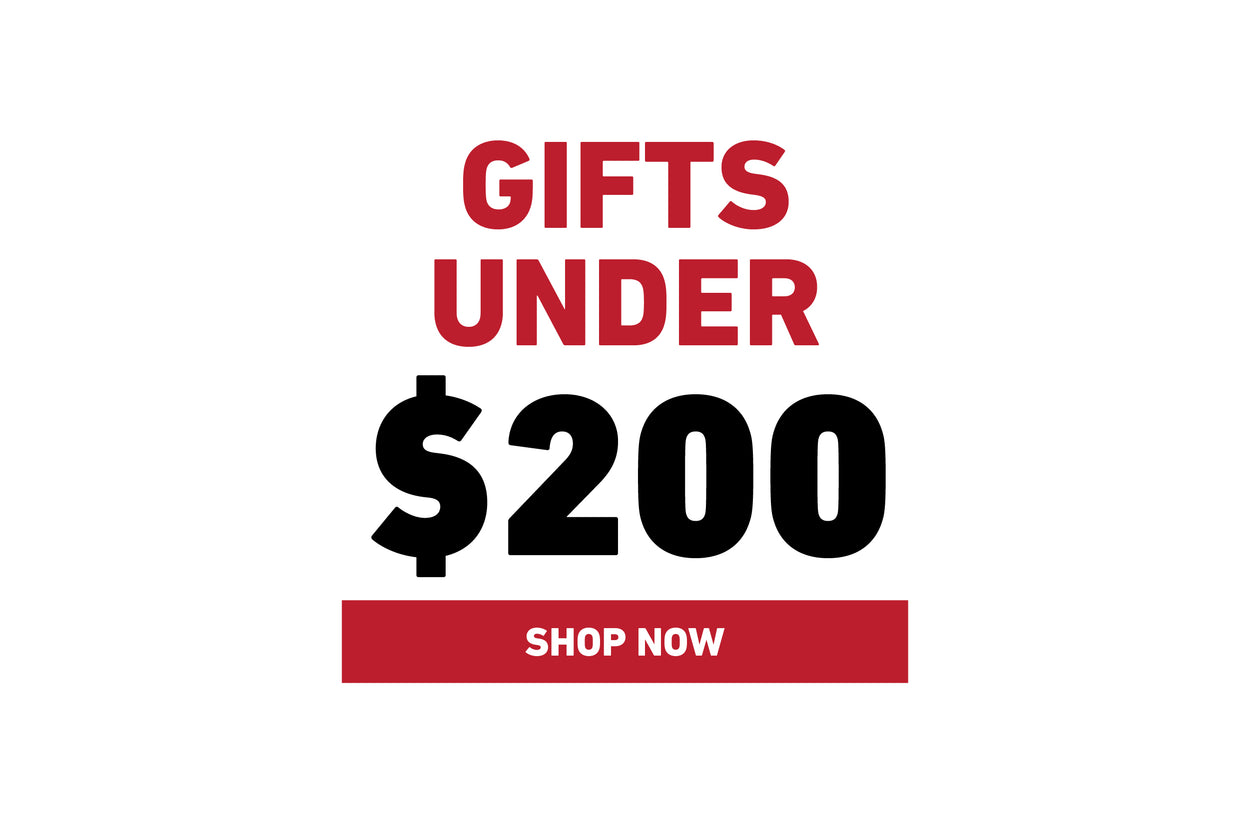 Text reads "Gifts under $200" in bold red and black letters, with a red button below that says "Shop Now," all on a white background.