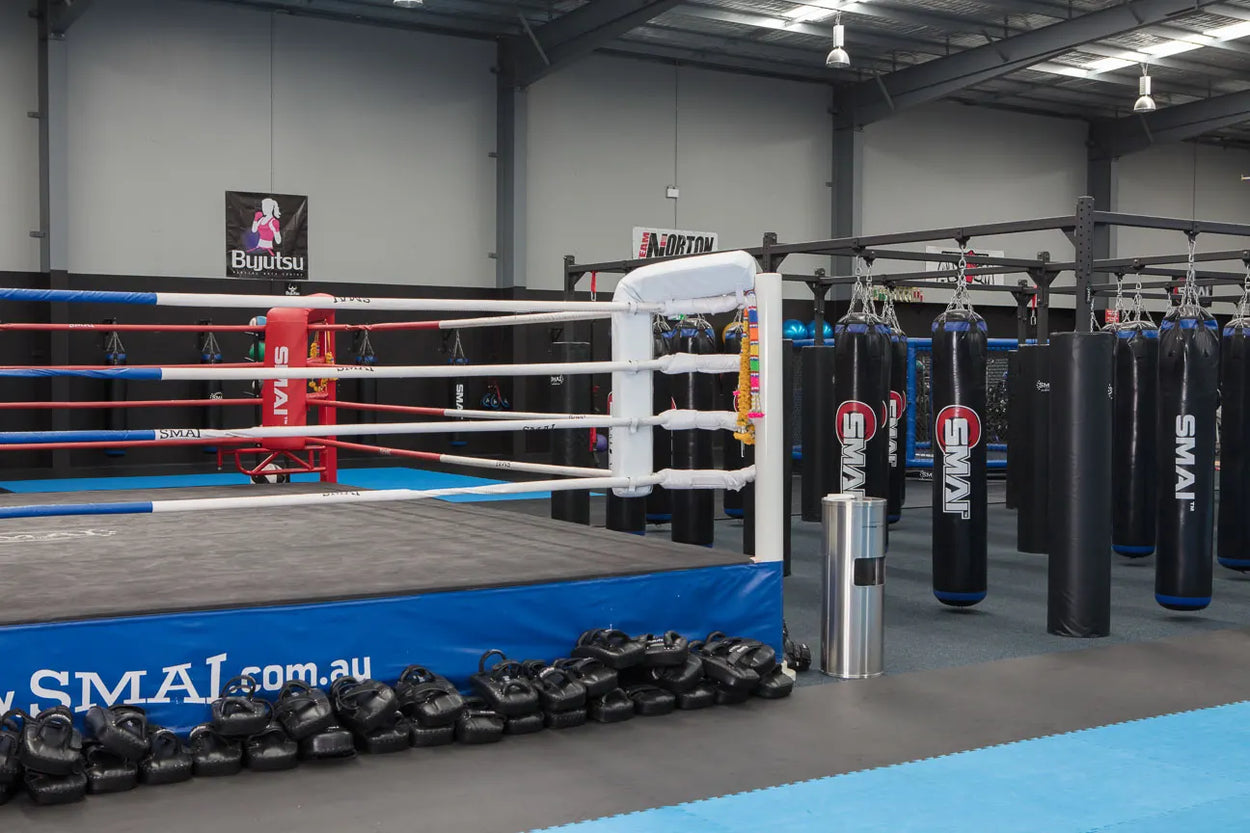A spacious gym with a boxing ring, lined with blue and white ropes, surrounded by black punching bags. The floor is covered with blue mats, and there are stacks of black boxing gloves nearby. The walls display martial arts posters.