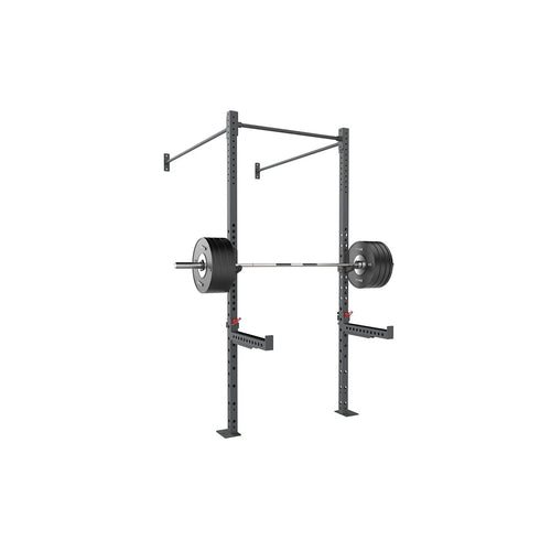 A metal squat rack with a loaded barbell resting on adjustable hooks. The rack has multiple holes for height adjustment and pull-up bars at the top, isolated on a white background.