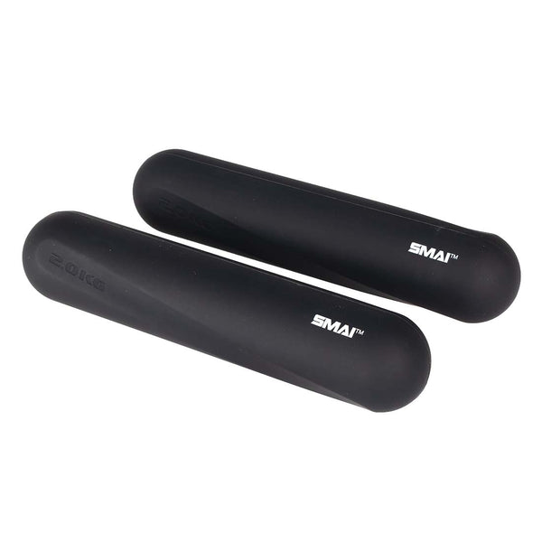 Two black cylindrical "2.0KG" SMAI dumbbells rest side by side on a white background—ideal for workouts with the SMAI Rebounder Mini Trampoline Pack.