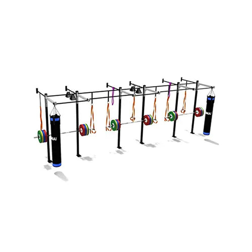 A large gym rig with pull-up bars, four punching bags, resistance bands, and barbells with colorful weight plates arranged on a white background.