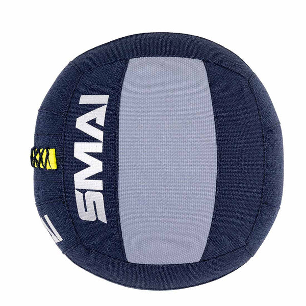 The SMAI Wall Balls - Hybrid Range is a round, blue and gray gym ball with "SMAI" in white and a small yellow-black stitched detail, featuring durable aramid fibre for enhanced performance.