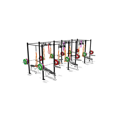 A multi-station gym rack with several benches, weightlifting bars loaded with colorful weight plates, and resistance bands attached overhead, arranged in a row on a white background.