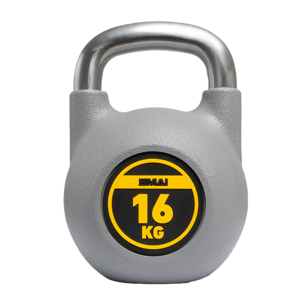 A gray kettlebell with a metallic handle. The front shows a black and yellow label indicating "16 KG" and the brand "SMAI.