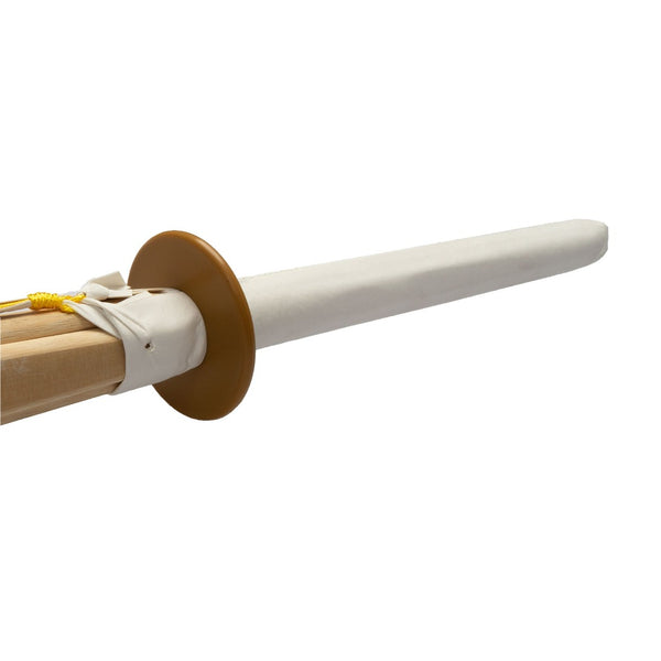 The SMAI Bamboo Shinai Sword features a white fabric-covered blade and a round brown guard, making it ideal for Kendo training and martial arts practice.