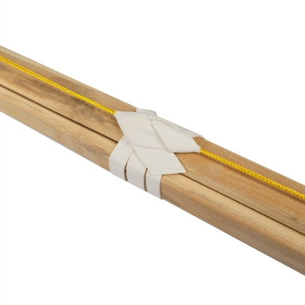The SMAI Bamboo Shinai Sword features two bamboo poles bound with white cord in a diamond pattern and diagonal wraps, topped with a yellow rope, mirroring traditional Kendo training sword construction.