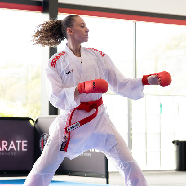Karate Gloves - WKF Approved Blue worn by Karate Krystal Boyce