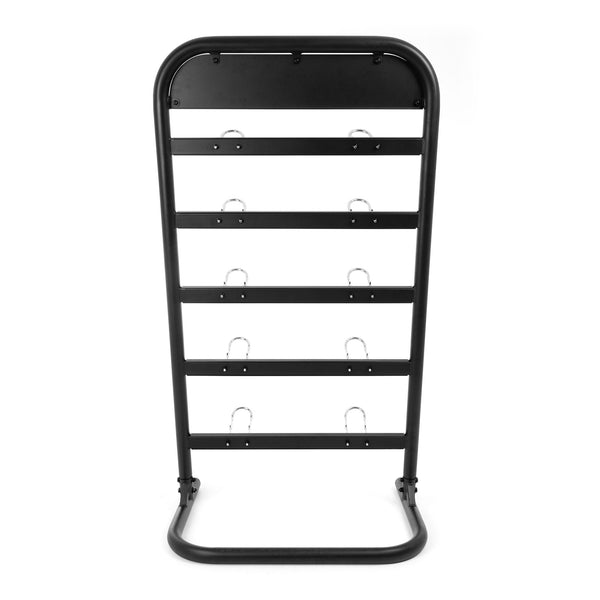 Introducing the SBELL Stand by Sbell Training, a sleek black metal structure designed for gym organization. It features multiple horizontal bars and hooks, making it ideal for fitness enthusiasts to neatly store various items. The rectangular design boasts rounded top corners and a stable base, all set against a white background.