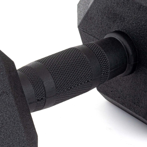Close-up of a pair of premium Rubber Hex Dumbbells from SMAI's Apex line, featuring a textured grip. The hexagonal ends emphasize the design of these dumbbells, highlighting the handle's intricate details against a plain white background.